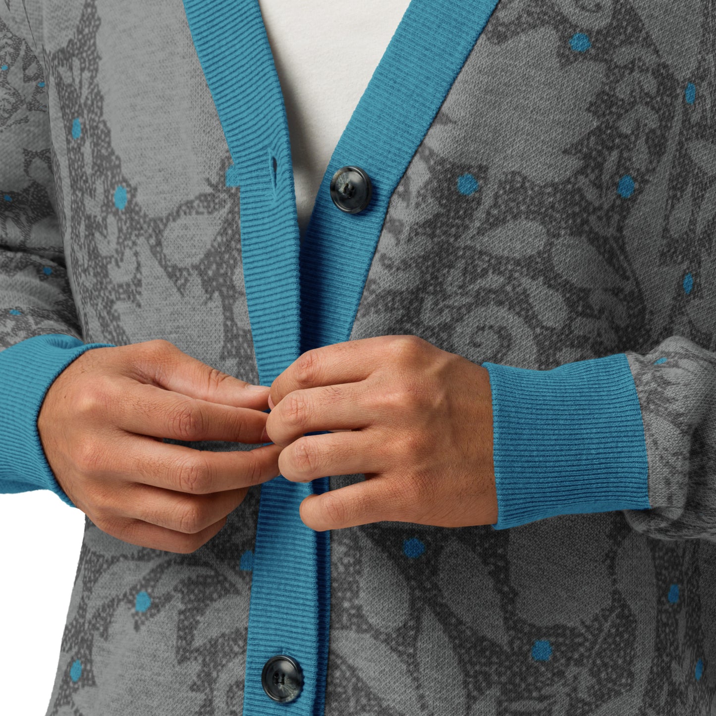 Paisley Pattern Knitted cardigan in greys with teal accents