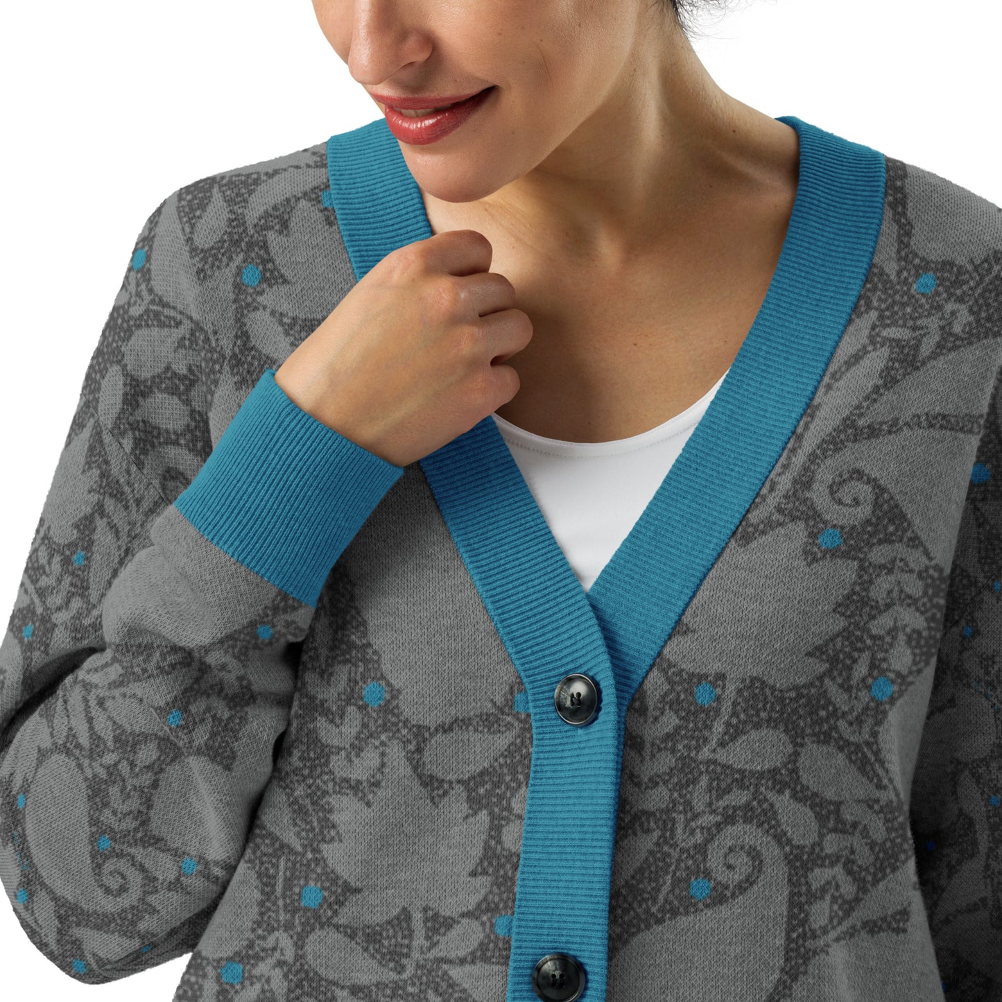 Paisley Pattern Knitted cardigan in greys with teal accents