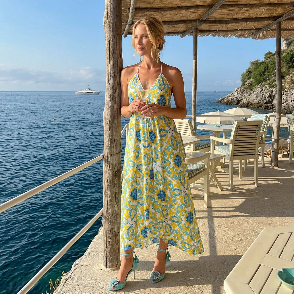 Amalfi Pattern Halterneck Backless Silk Dress