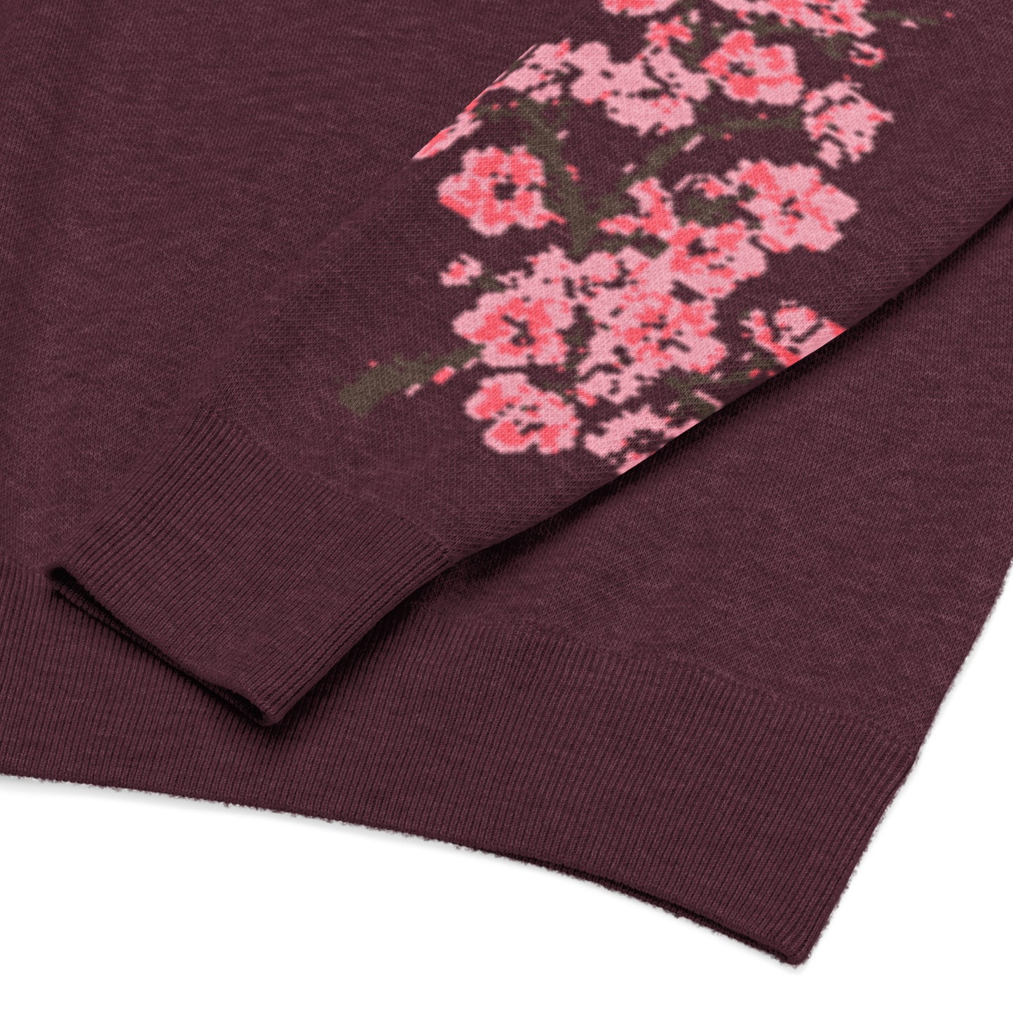 Trend color Burgundy relaxed fit knitted crew neck sweater with floral motif