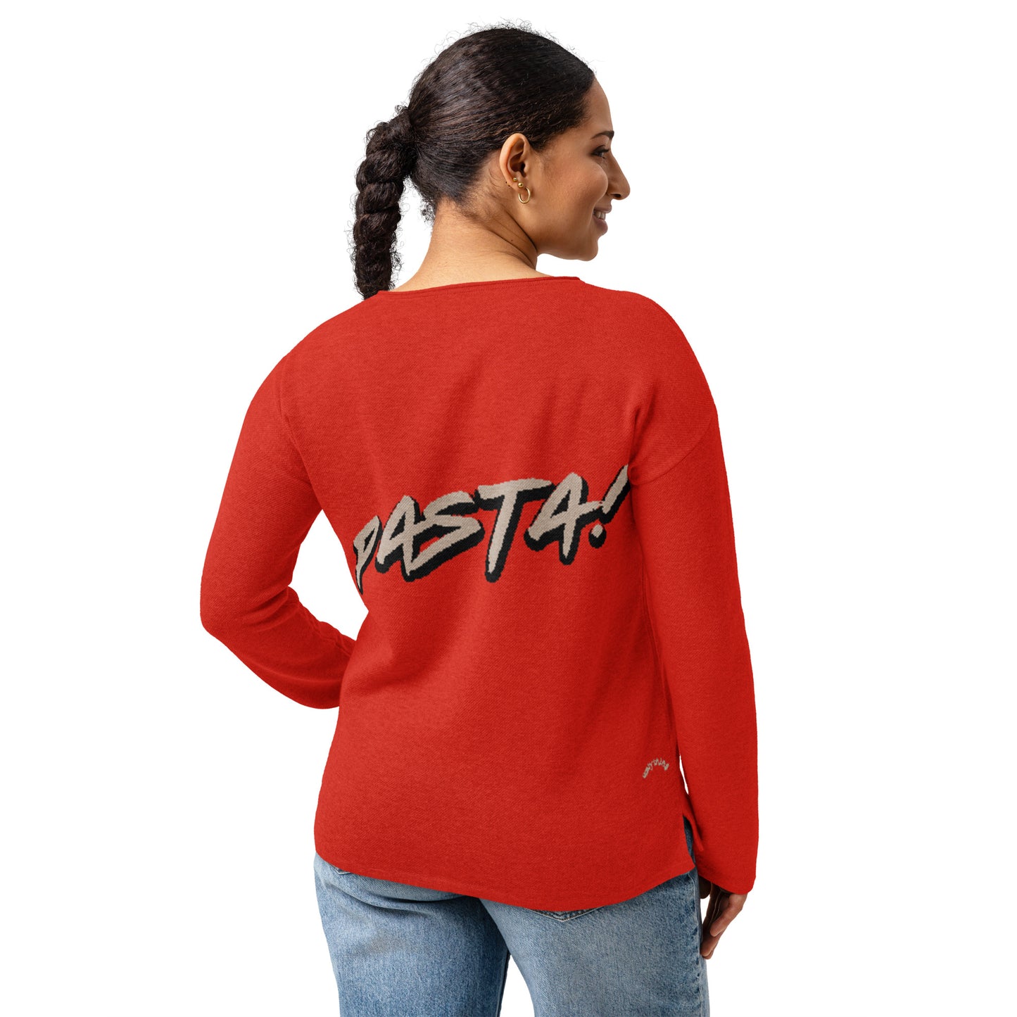 Bright Red Women’s straight bottom knitted sweater with Italian Basta-Pasta Expression