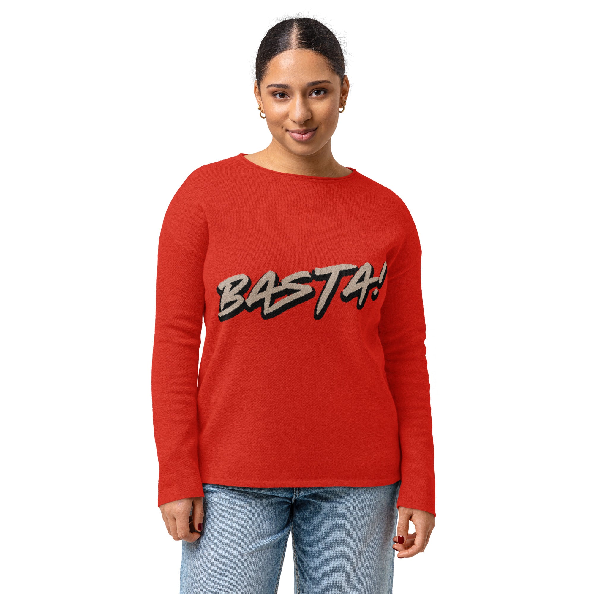 Bright Red Women’s straight bottom knitted sweater with Italian Basta-Pasta Expression