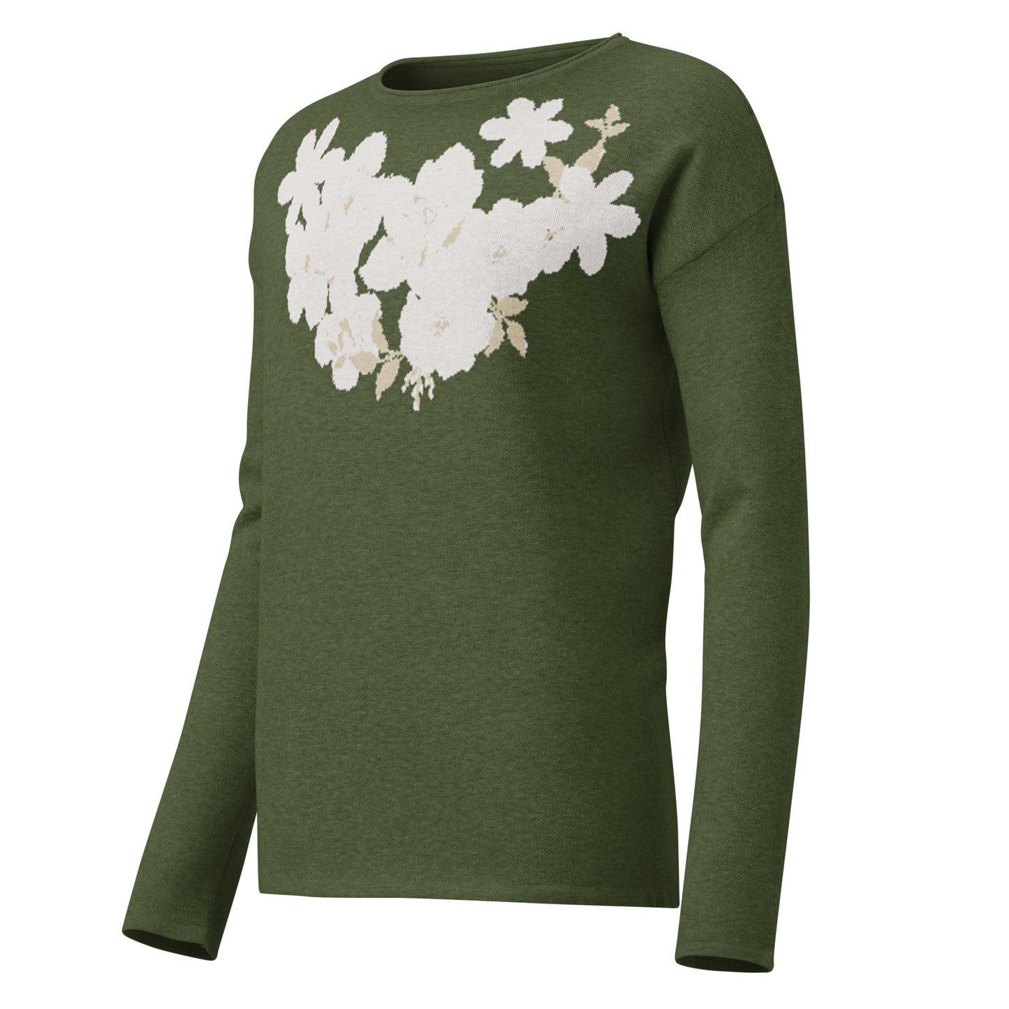 Olive Colour Women’s straight bottom knitted sweater with Italian Floral Design