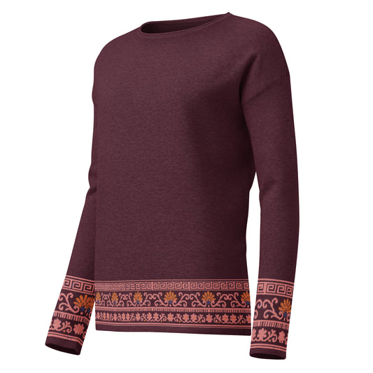 Elegant Merlot colored Women’s straight bottom knitted sweater with Roman Border