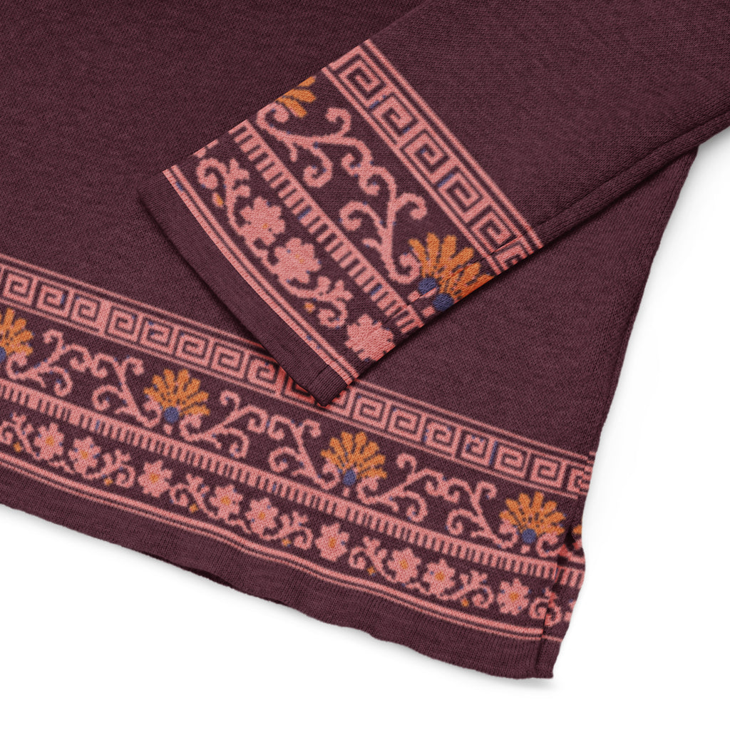 Elegant Merlot colored Women’s straight bottom knitted sweater with Roman Border