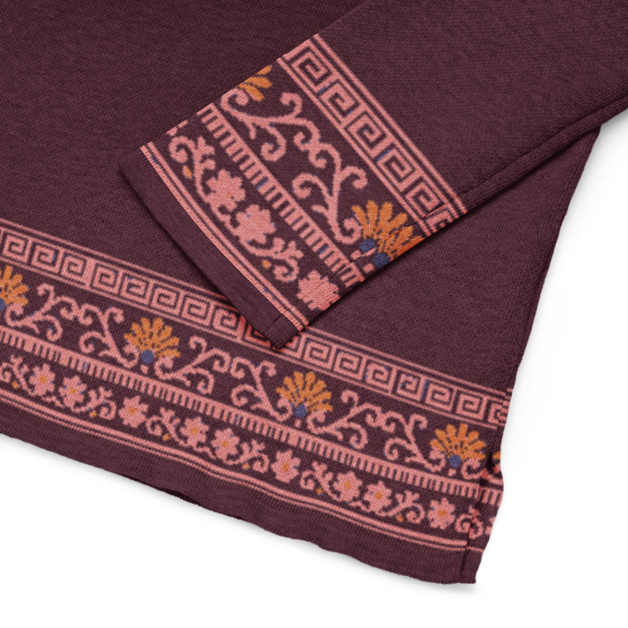 Elegant Merlot colored Women’s straight bottom knitted sweater with Roman Border