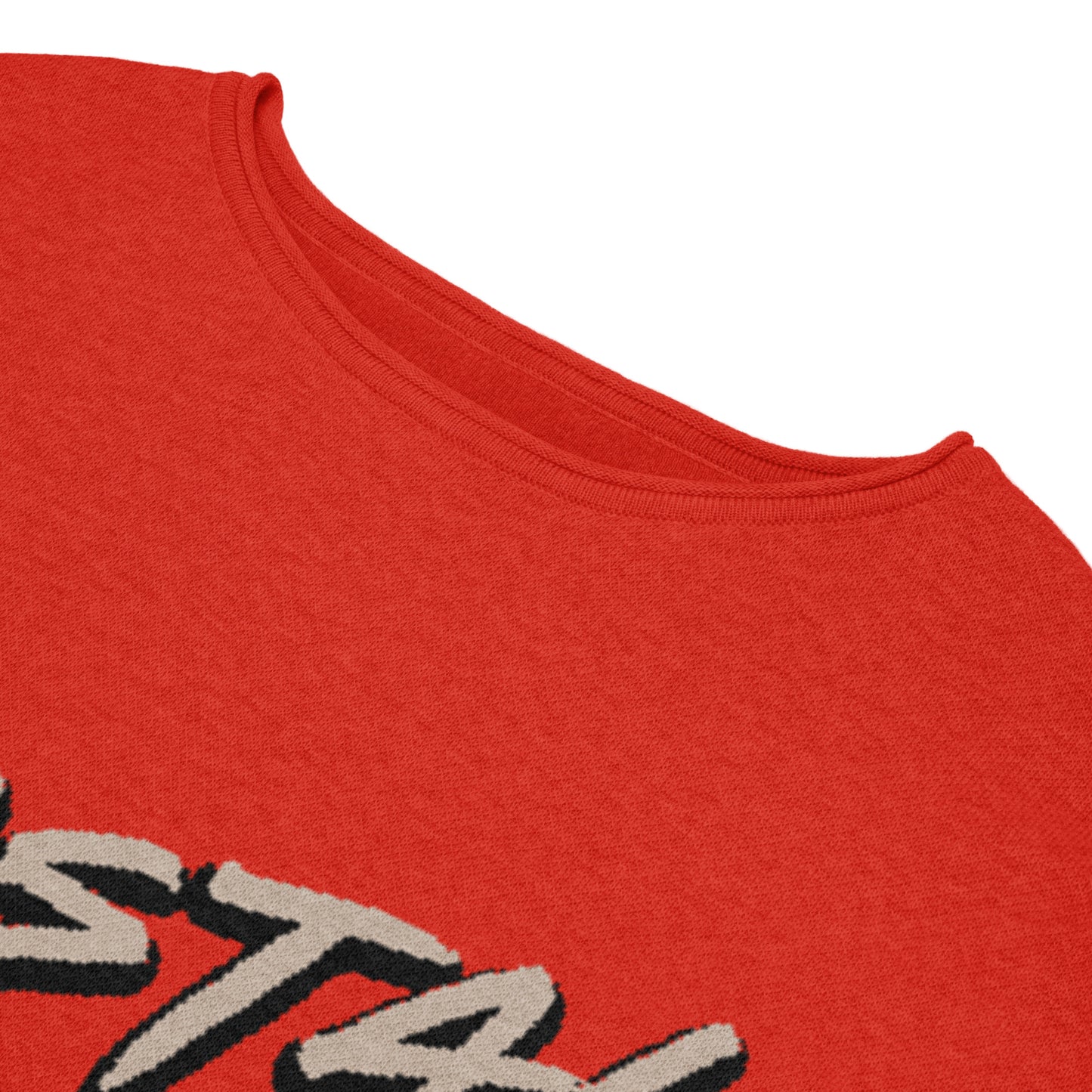 Bright Red Women’s straight bottom knitted sweater with Italian Basta-Pasta Expression