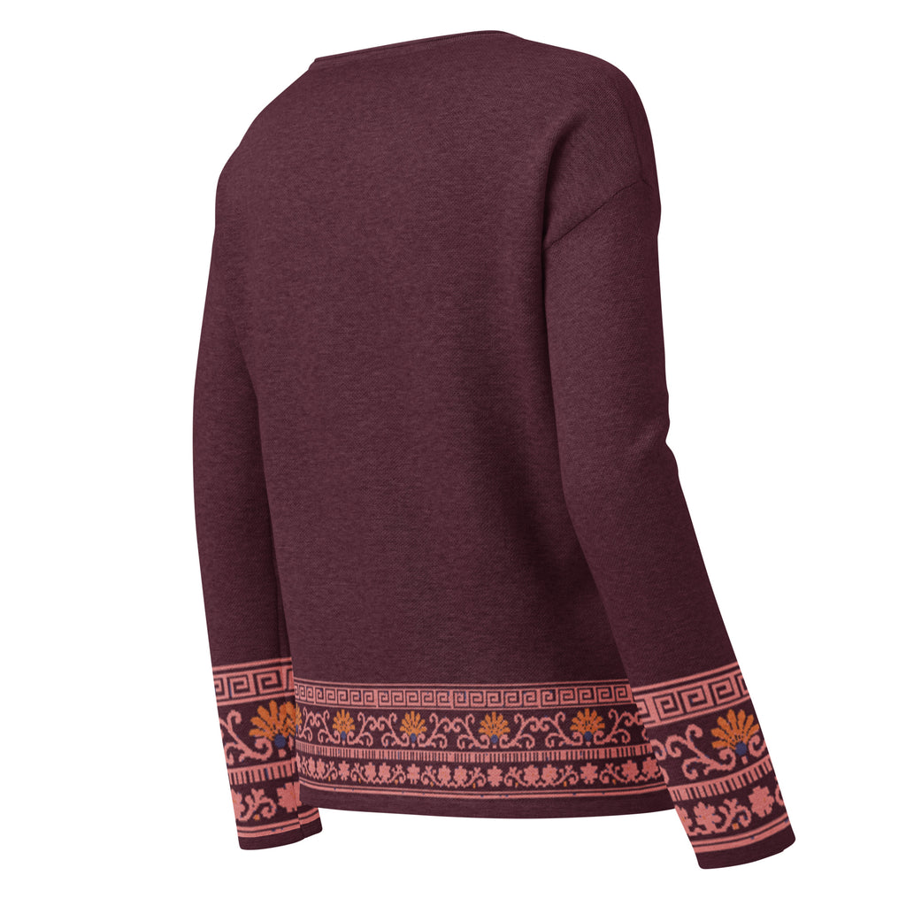 Elegant Merlot colored Women’s straight bottom knitted sweater with Roman Border