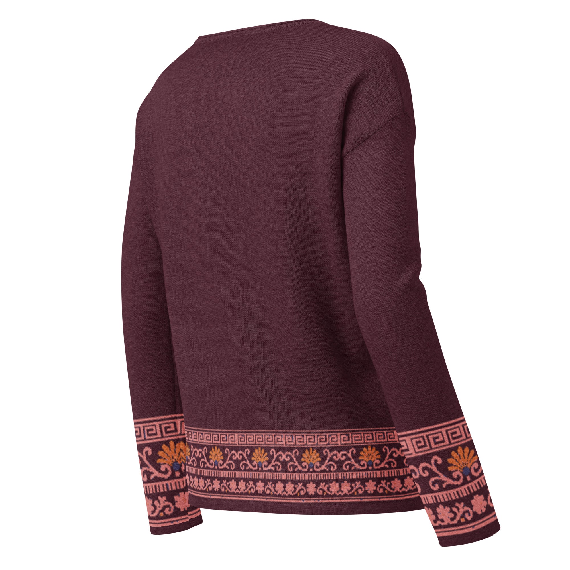 Elegant Merlot colored Women’s straight bottom knitted sweater with Roman Border