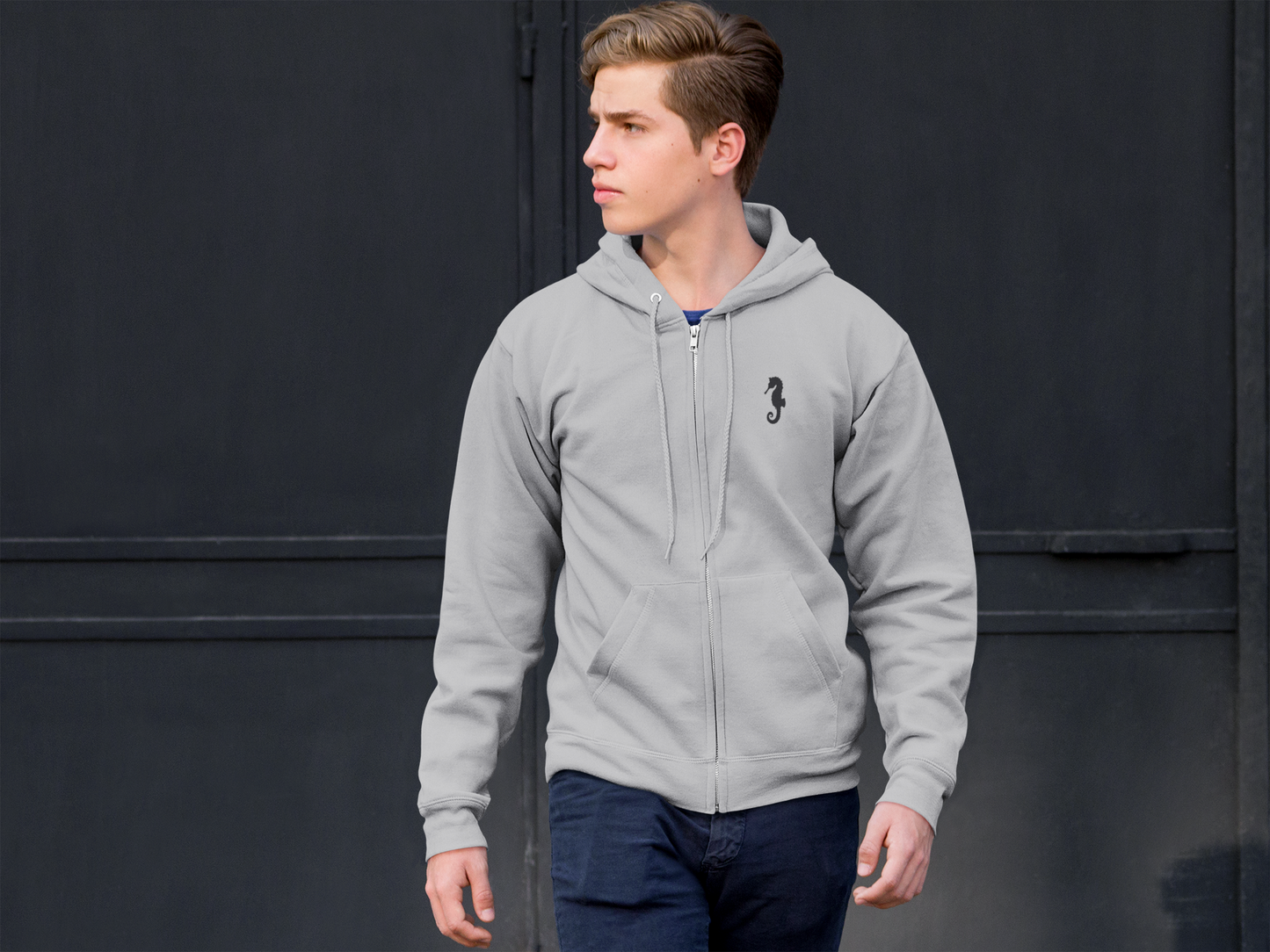 Seahorse & Anchor Zip Hoodie — Nautical Embroidered Full‑Zip Sweatshirt